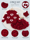 Maroon Heart & Bow Sweater with Fluffy Ruffle Skirt, Winterwear, 2 Pcs Set for Girls