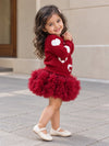 Maroon Heart & Bow Sweater with Fluffy Ruffle Skirt, Winterwear, 2 Pcs Set for Girls