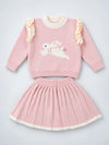 Peach Bunny Sweater & Pleated Skirt, Winterwear 2 Pcs Set for Girls