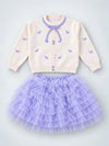 Ivory Horse Sweater & Purple Ruffle Skirt with Detachable Bow Clip, Winterwear 2 Pcs Set for Girls