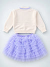 Ivory Horse Sweater & Purple Ruffle Skirt with Detachable Bow Clip, Winterwear 2 Pcs Set for Girls