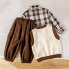3 Pcs Set | Beige Teddy Knitted Vest, Checkered Shirt & Pants