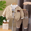 3 Pcs Set | Brown Bear Quilted Jacket, T-Shirt & Pants Set