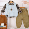 3 Pcs Set | Ivory Knit Vest, Checkered Shirt & Pants Set