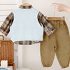 3 Pcs Set | Ivory Knit Vest, Checkered Shirt & Pants Set