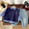 3 Pcs Set | Navy Horse Blue Sweater Vest, Checkered Shirt & Denims Set