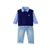 3 Pcs Set | Navy Horse Blue Sweater Vest, Checkered Shirt & Denims Set