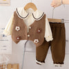 3 Pcs Set | Brown Crochet Knitted Vest, With White Shirt & Matching Pants Partwear Set