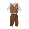 3 Pcs Set | Brown Crochet Knitted Vest, With White Shirt & Matching Pants Partwear Set