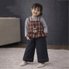 3 Pcs Set | Brown Checkered Peplum-Top, With T-Shirt & Wide Leg Pants