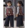 3 Pcs Set | Brown Checkered Peplum-Top, With T-Shirt & Wide Leg Pants