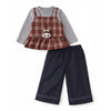 3 Pcs Set | Brown Checkered Peplum-Top, With T-Shirt & Wide Leg Pants