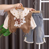 3 Pcs Set | Brown Peter Pan Collared Floral Knitted Cardigan, T-Shirt & Denims Partywear