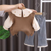 3 Pcs Set | Brown Peter Pan Collared Floral Knitted Cardigan, T-Shirt & Denims Partywear