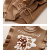 3 Pcs Set | Brown Peter Pan Collared Floral Knitted Cardigan, T-Shirt & Denims Partywear