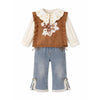 3 Pcs Set | Brown Peter Pan Collared Floral Knitted Cardigan, T-Shirt & Denims Partywear