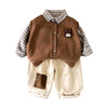 3 Pcs Set | Brown Teddy Vest, Checkered Shirt & Beige Pants