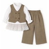 3 Pcs Set | Brown Waistcoat, White Peplum-Style Top & Wide Leg Pants Partwear Set