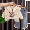 3 Pcs Set | Cream Peter Pan Collared Floral Knitted Cardigan, T-Shirt & Denims Partywear