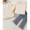 3 Pcs Set | Cream Peter Pan Collared Floral Knitted Cardigan, T-Shirt & Denims Partywear