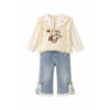 3 Pcs Set | Cream Peter Pan Collared Floral Knitted Cardigan, T-Shirt & Denims Partywear