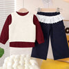 3 Pcs Set | Crochet Cardigan Vest, Maroon Shirt & Navy Frill Pants Partywear