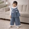 3 Pcs Set | Denim Bow Peplum- Style Top, Grey T-Shirt & Denim Wide Leg Pants
