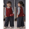 3 Pcs Set | Maroon Knit Sleevless Cardigan, T-Shirt & Checkered Pants With Sling Purse