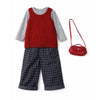 3 Pcs Set | Maroon Knit Sleevless Cardigan, T-Shirt & Checkered Pants With Sling Purse