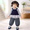 3 Pcs Set | Navy Blue Peplum-Style Top, T-Shirt With Frill Checkered Pants