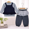 3 Pcs Set | Navy Blue Peplum-Style Top, T-Shirt With Frill Checkered Pants