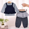 3 Pcs Set | Navy Blue Peplum-Style Top, T-Shirt With Frill Checkered Pants