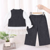 3 Pcs Set | Navy Waistcoat, White Peplum-Style Top & Wide Leg Pants Partwear Set