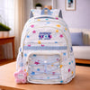 White Multicolor Star Print with Front Bungee Pocket Backpack with Detachable Plush Star Keychain & Star Pins