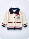 Dusty Beige Cable-Knit Sailor Collar Winter Cardigan Sweater with Detachable Doll Clip for Girls