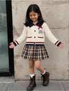 Dusty Beige Cable-Knit Sailor Collar Winter Cardigan Sweater with Detachable Doll Clip for Girls
