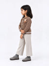Brown Cable-Knit Winter Cardigan Sweater with Detachable Teddy Clip for Kids