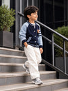 Navy Blue & Grey Bear Varsity-Style Winter Cardigan Sweater for Kids
