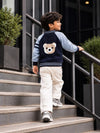 Navy Blue & Grey Bear Varsity-Style Winter Cardigan Sweater for Kids