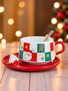 Red & Green Checks Christmas Themed Ceramic Cup with 3D Santa Saucer & Spoon Set