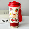 Deer Happy, Red Lid Christmas Themed Stainless Steel Coffee/Water Tumbler Bottle | 500Ml With Free Cleaning Brush
