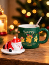 Green Gingerbread Ceramic Christmas Mug with 3D Lying Santa Lid & Spoon