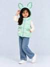 Green Bunny-Themed Quilted Hooded Sleeveless Winter Jacket for Kids