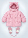 Pink Cat Glitter Quilted Hooded Winter Jacket with Mittens for Kids