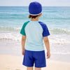 2 Pcs T-Shirt & Shorts Blue “Groovy” Cartoon Print UPF 50+ Kids Swimwear with Matching Swim Cap With Free Wash Bag