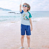 2 Pcs T-Shirt & Shorts Blue “Groovy” Cartoon Print UPF 50+ Kids Swimwear with Matching Swim Cap With Free Wash Bag