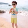2 Pcs T-Shirt & Shorts Set Ivory, Teal & Yellow "Shine" Cartoon Print UPF 50+ Kids Swimwear with Matching Swim Cap With Free Wash Bag