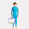 Full Length Dive Blue Leaf Printed Kids Swimwear in UPF 50+ Fabric with Swim Cap & Free Washbag
