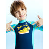 Dive Navy Blue Duck Printed, Half Sleeves, Knee Length Kids Swimwear in Upf 50+ Fabric with Swim Cap & Free Washbag