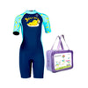 Dive Navy Blue Duck Printed, Half Sleeves, Knee Length Kids Swimwear in Upf 50+ Fabric with Swim Cap & Free Washbag